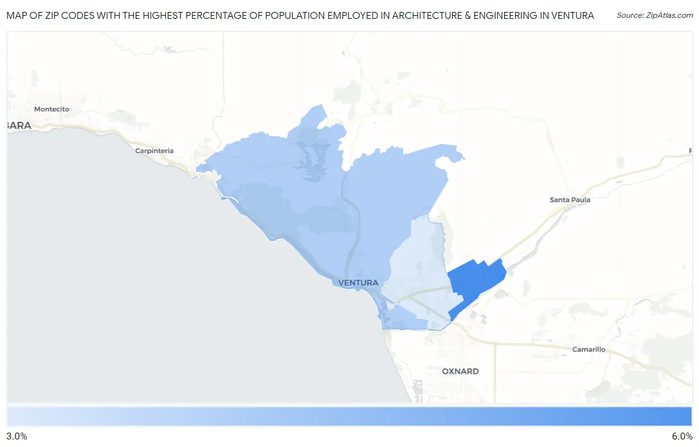 Zip Codes with the Highest Percentage of Population Employed in Architecture & Engineering in Ventura Map