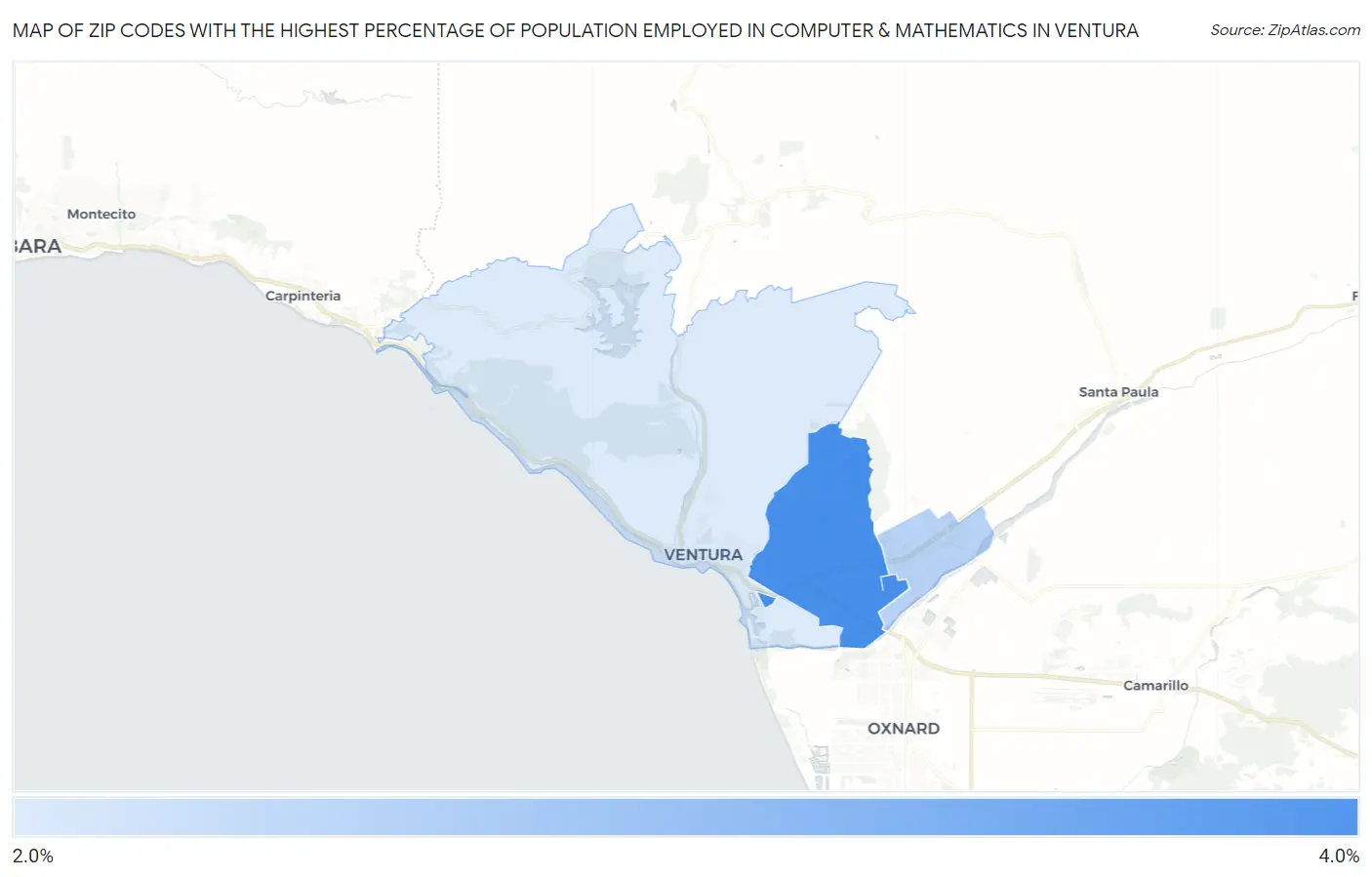 Zip Codes with the Highest Percentage of Population Employed in Computer & Mathematics in Ventura Map