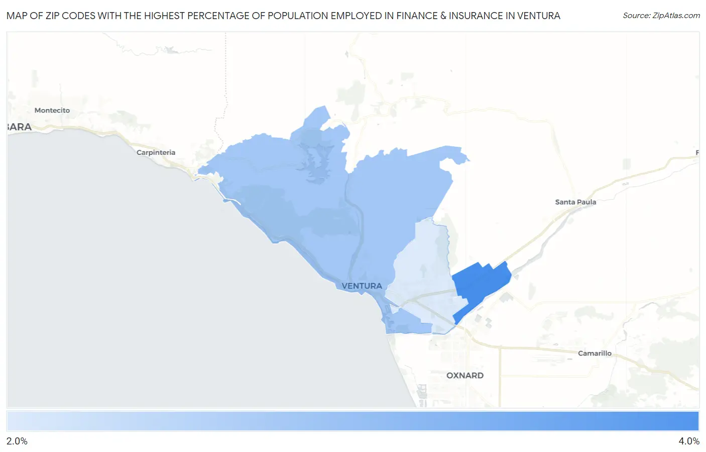 Zip Codes with the Highest Percentage of Population Employed in Finance & Insurance in Ventura Map