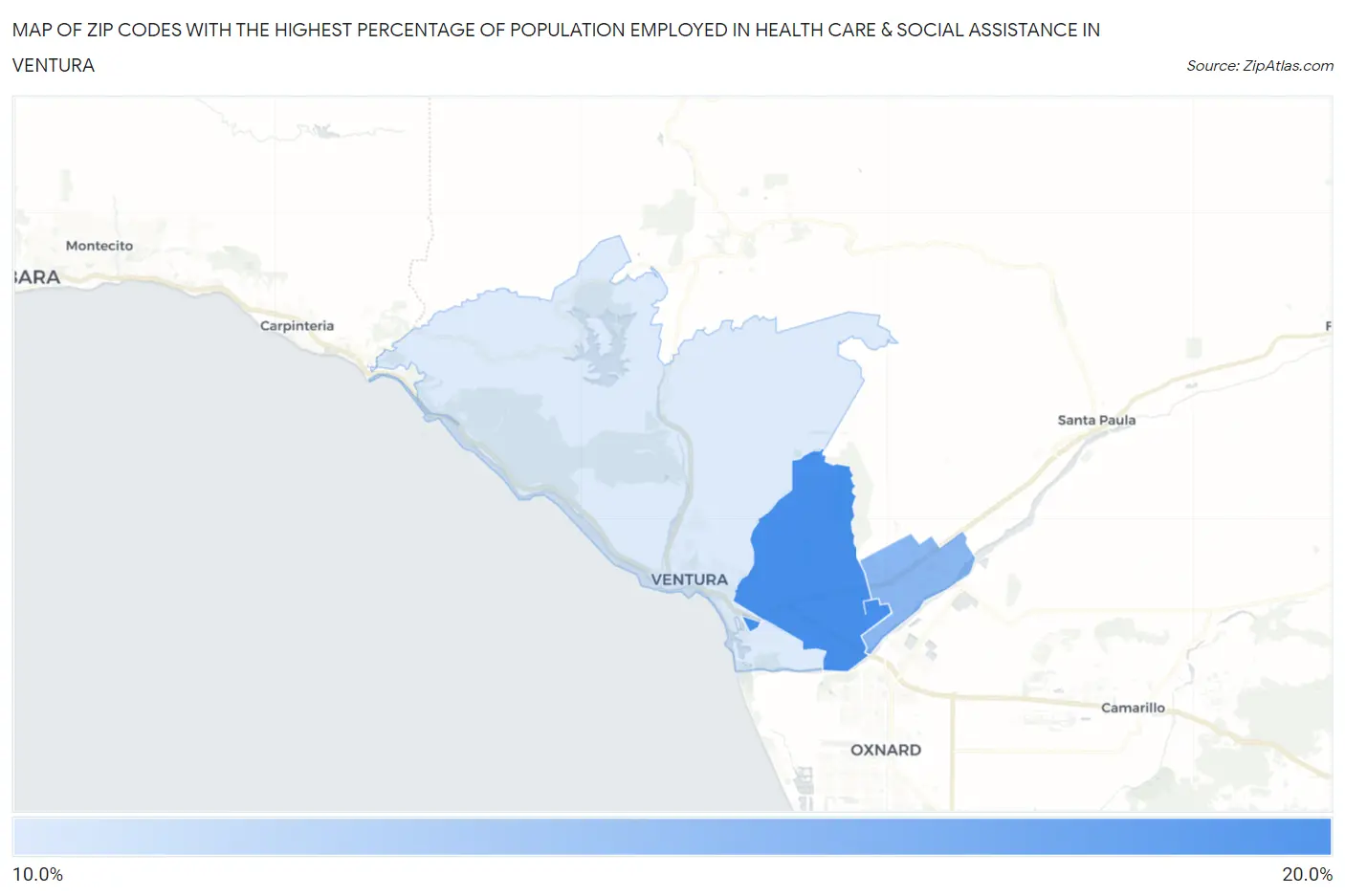 Zip Codes with the Highest Percentage of Population Employed in Health Care & Social Assistance in Ventura Map