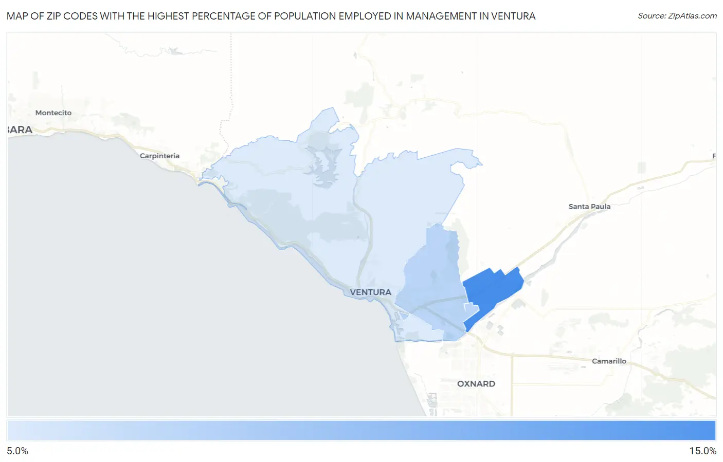 Zip Codes with the Highest Percentage of Population Employed in Management in Ventura Map