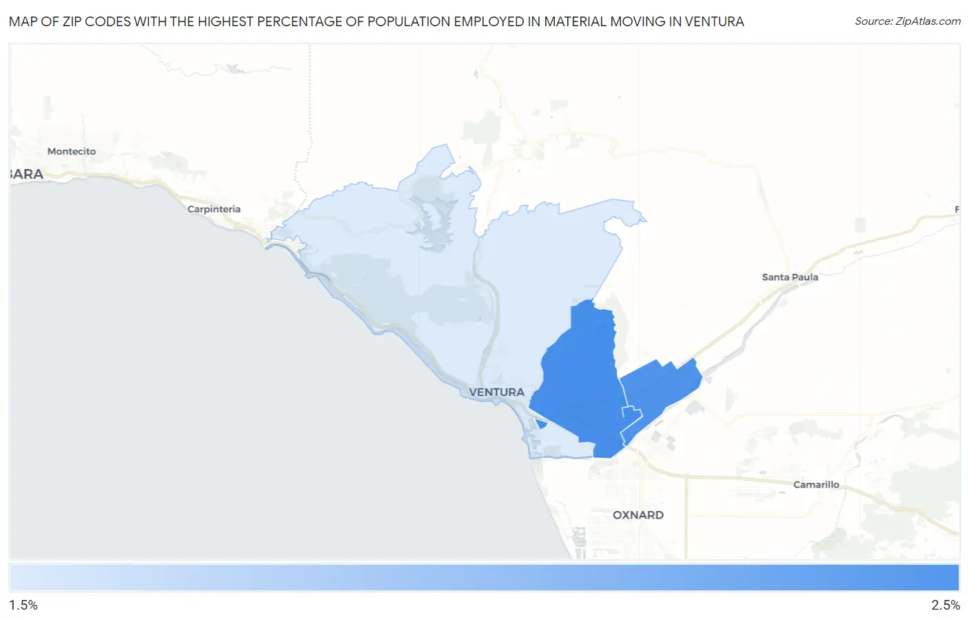 Zip Codes with the Highest Percentage of Population Employed in Material Moving in Ventura Map