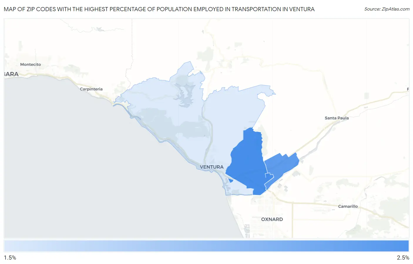 Zip Codes with the Highest Percentage of Population Employed in Transportation in Ventura Map