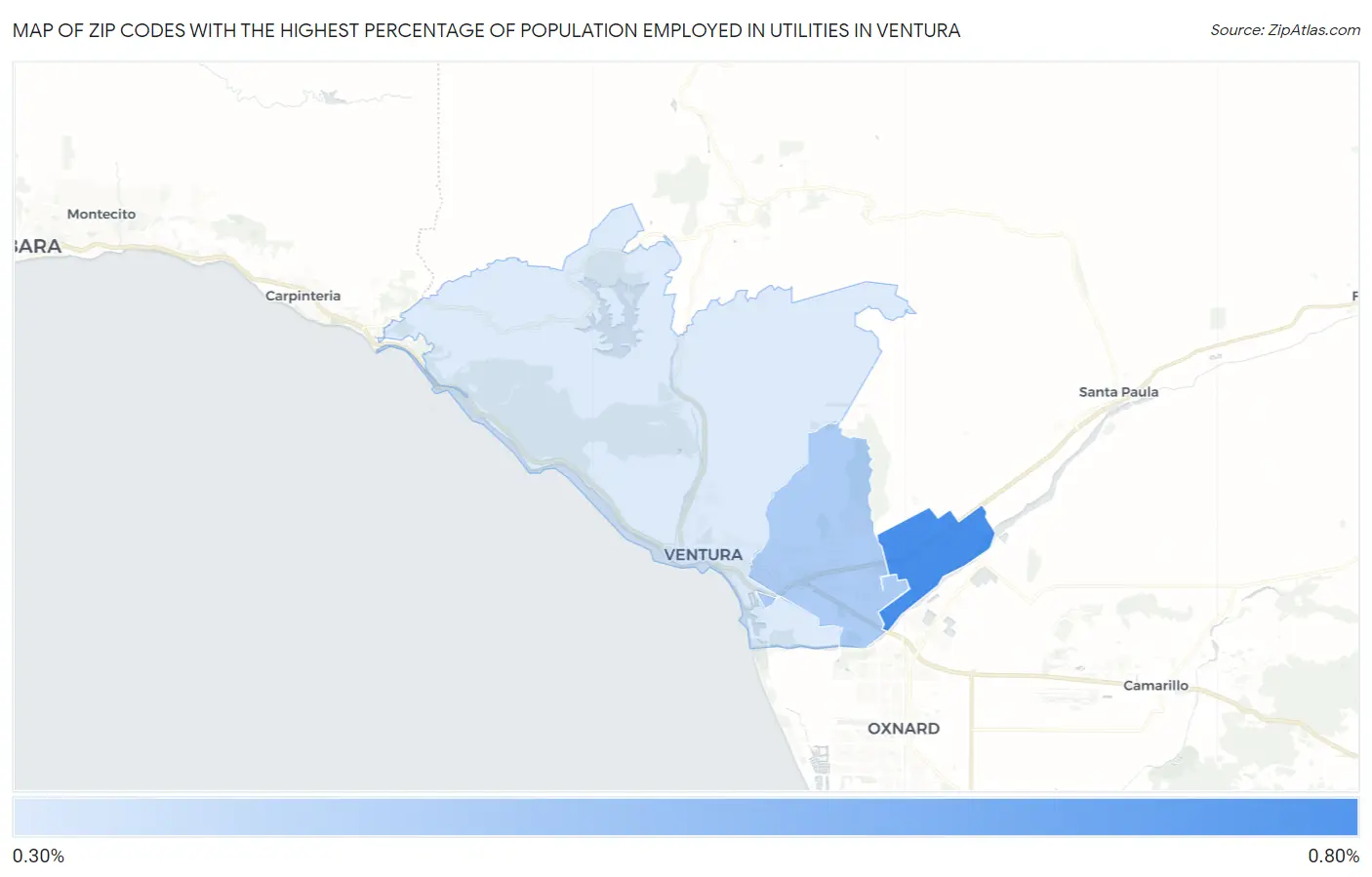 Zip Codes with the Highest Percentage of Population Employed in Utilities in Ventura Map