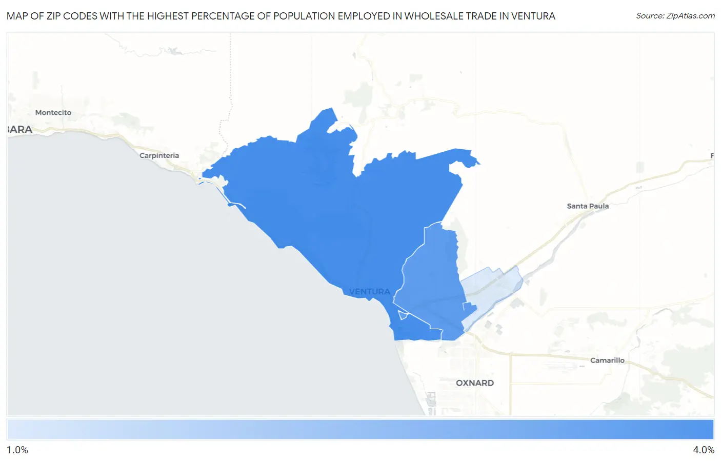 Zip Codes with the Highest Percentage of Population Employed in Wholesale Trade in Ventura Map