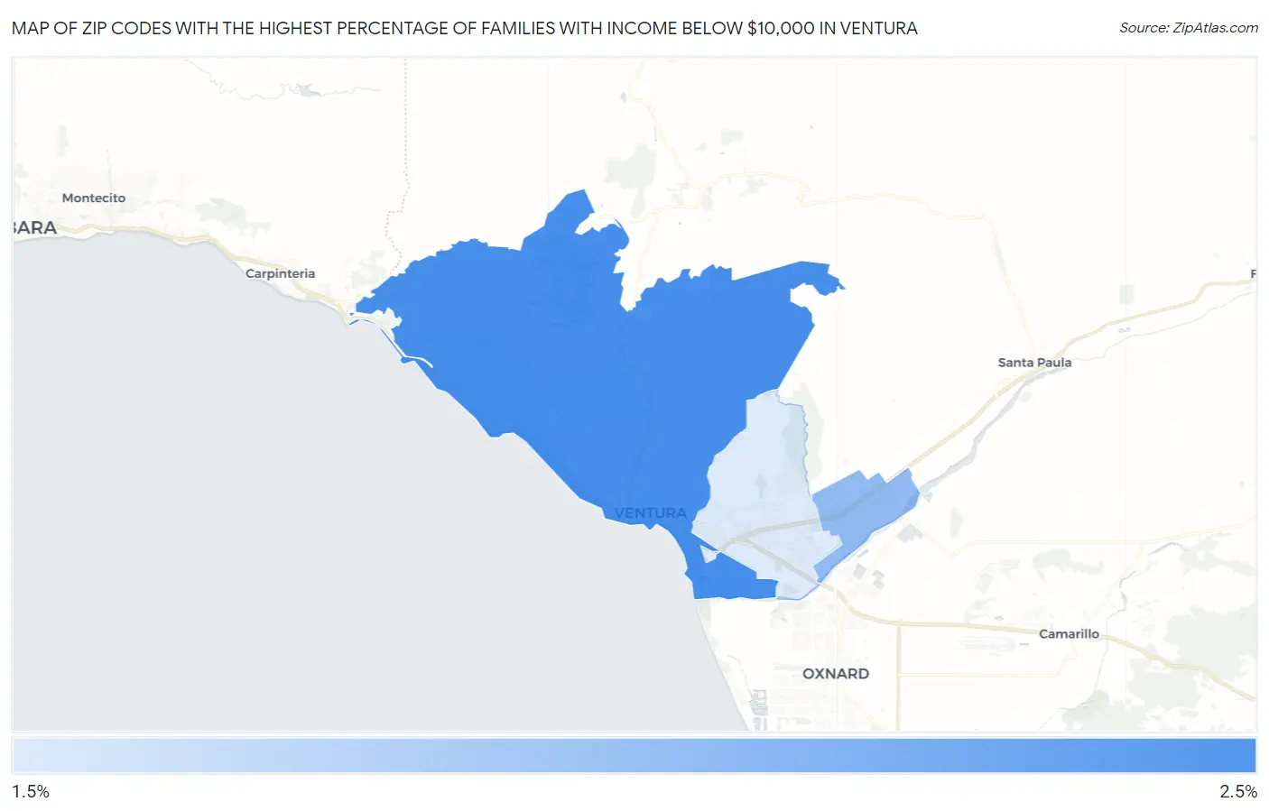 Zip Codes with the Highest Percentage of Families with Income Below $10,000 in Ventura Map