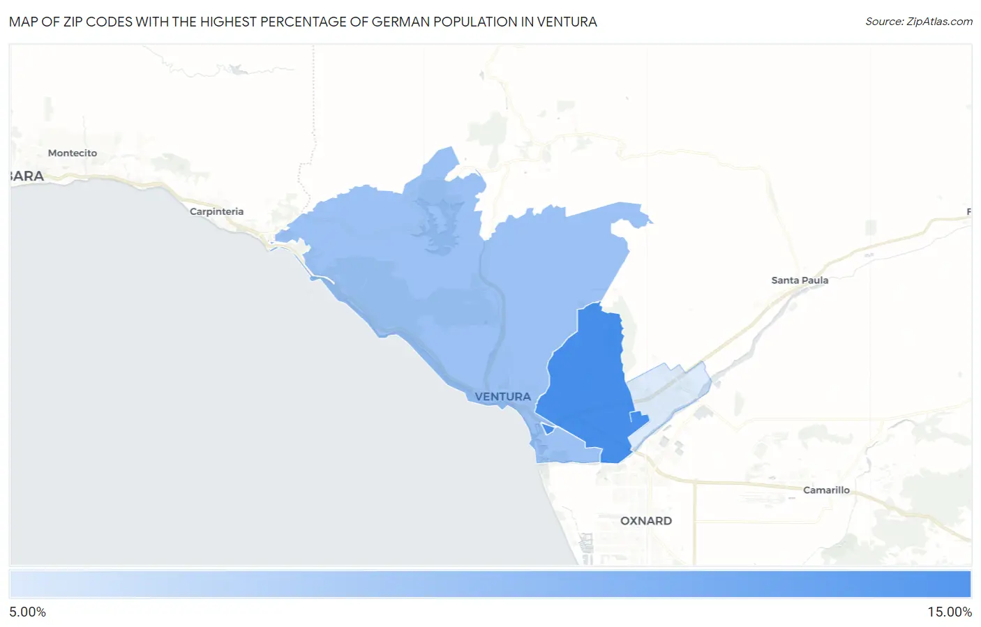 Zip Codes with the Highest Percentage of German Population in Ventura Map