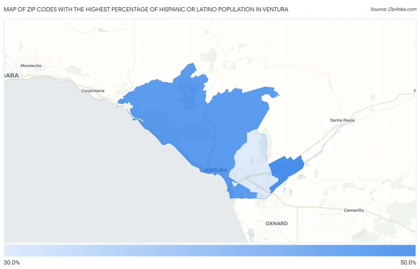 Zip Codes with the Highest Percentage of Hispanic or Latino Population in Ventura Map