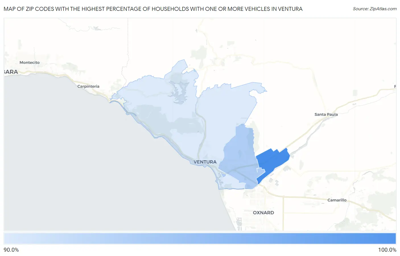 Zip Codes with the Highest Percentage of Households With One or more Vehicles in Ventura Map