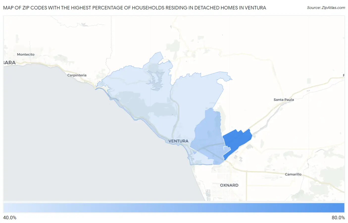 Zip Codes with the Highest Percentage of Households Residing in Detached Homes in Ventura Map