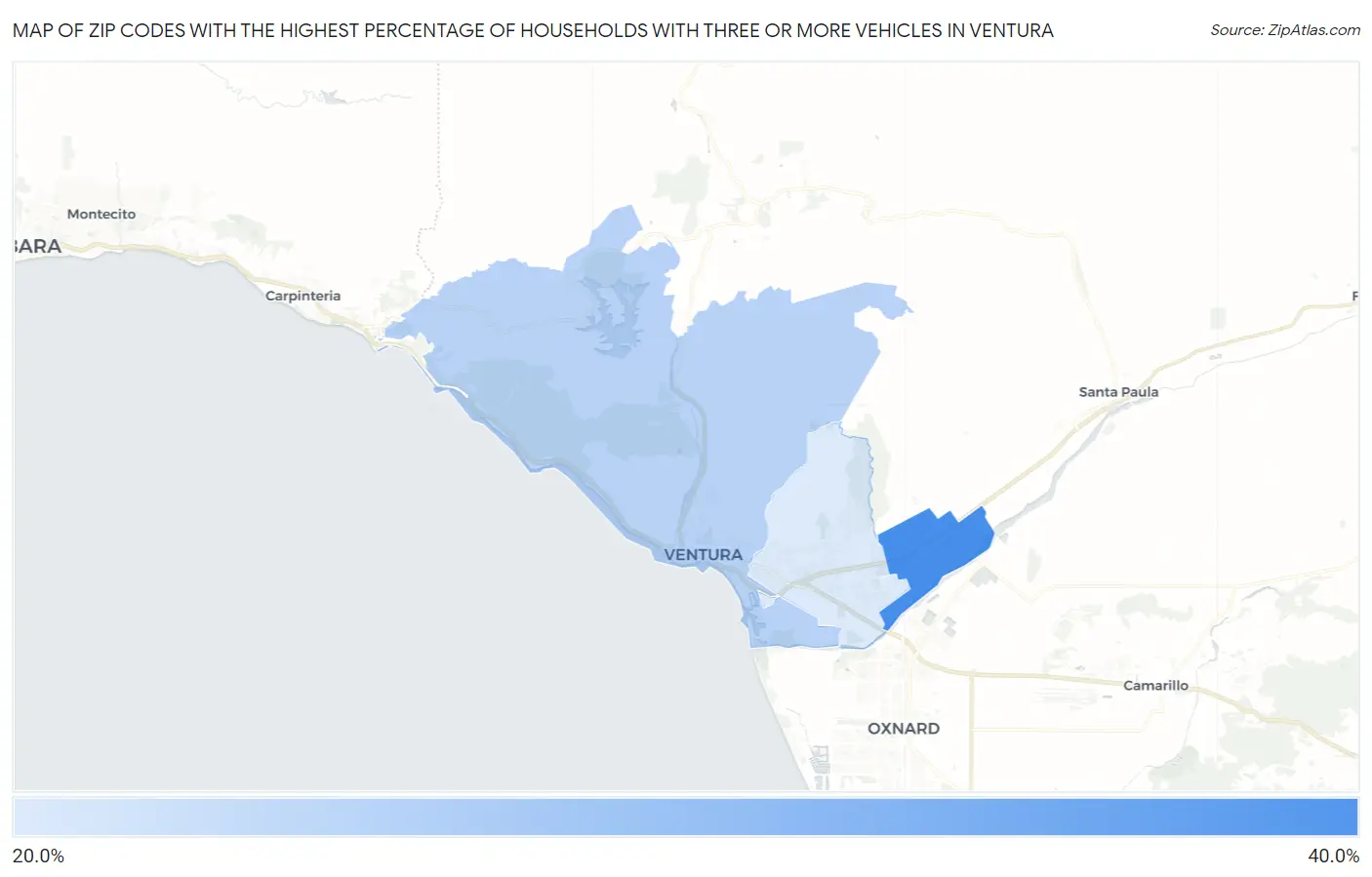 Zip Codes with the Highest Percentage of Households With Three or more Vehicles in Ventura Map