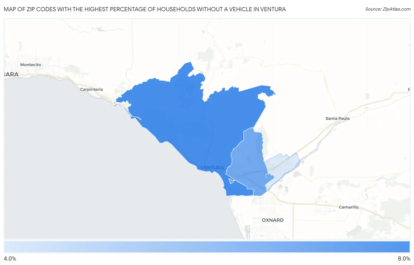 Zip Codes with the Highest Percentage of Households Without a Vehicle in Ventura Map