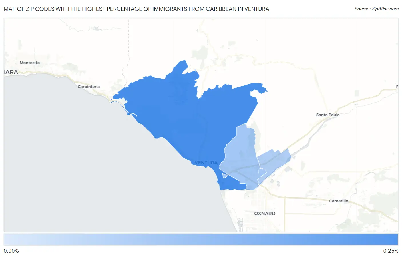 Zip Codes with the Highest Percentage of Immigrants from Caribbean in Ventura Map
