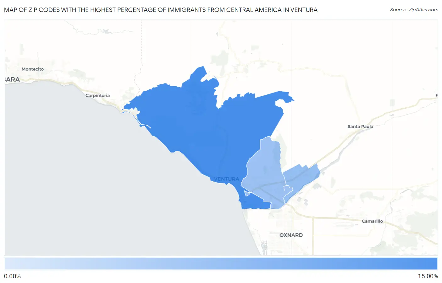 Zip Codes with the Highest Percentage of Immigrants from Central America in Ventura Map