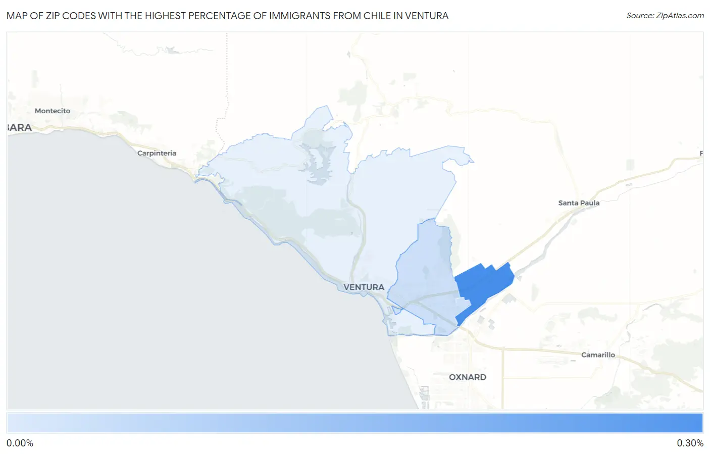 Zip Codes with the Highest Percentage of Immigrants from Chile in Ventura Map