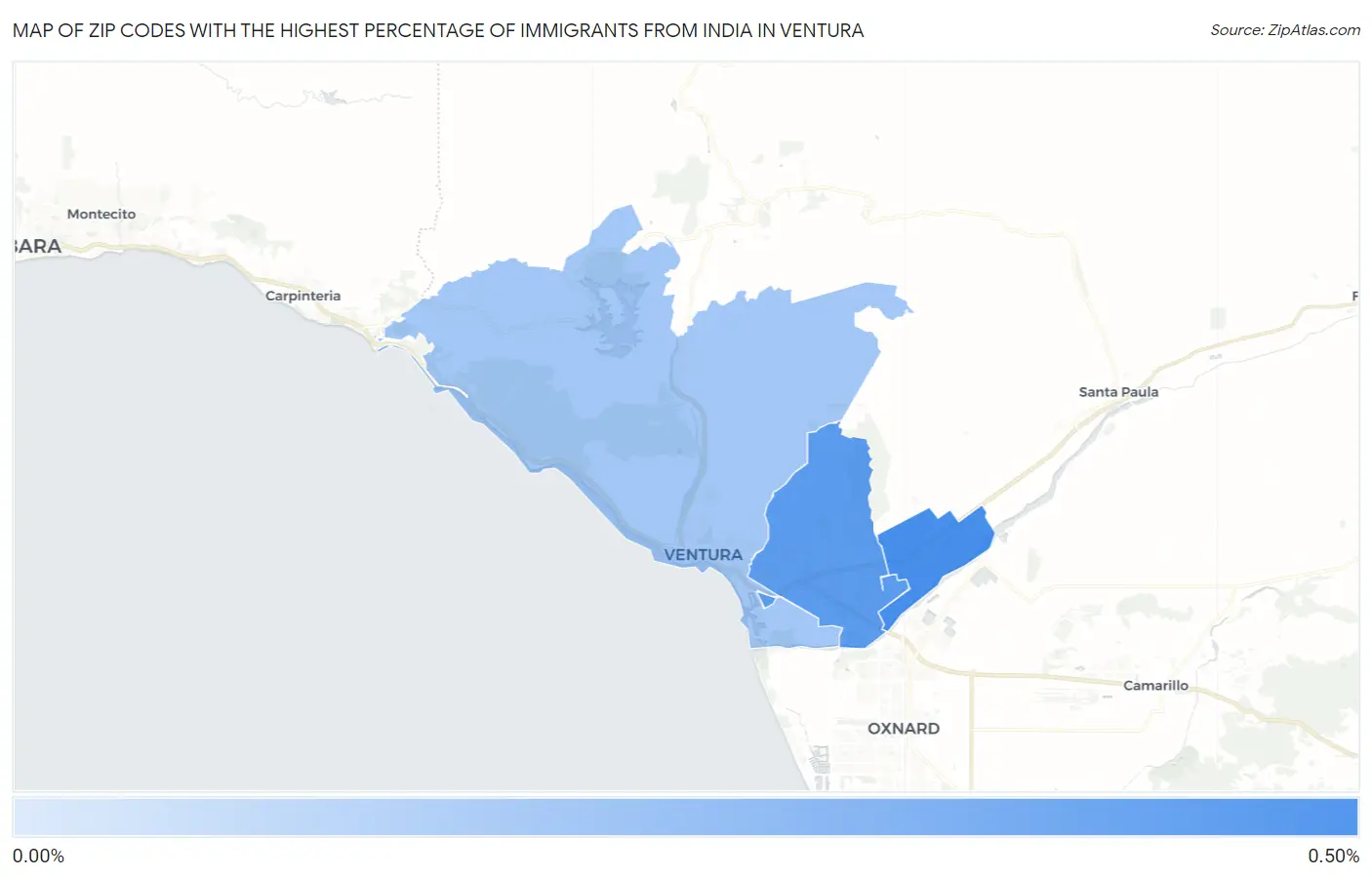 Zip Codes with the Highest Percentage of Immigrants from India in Ventura Map