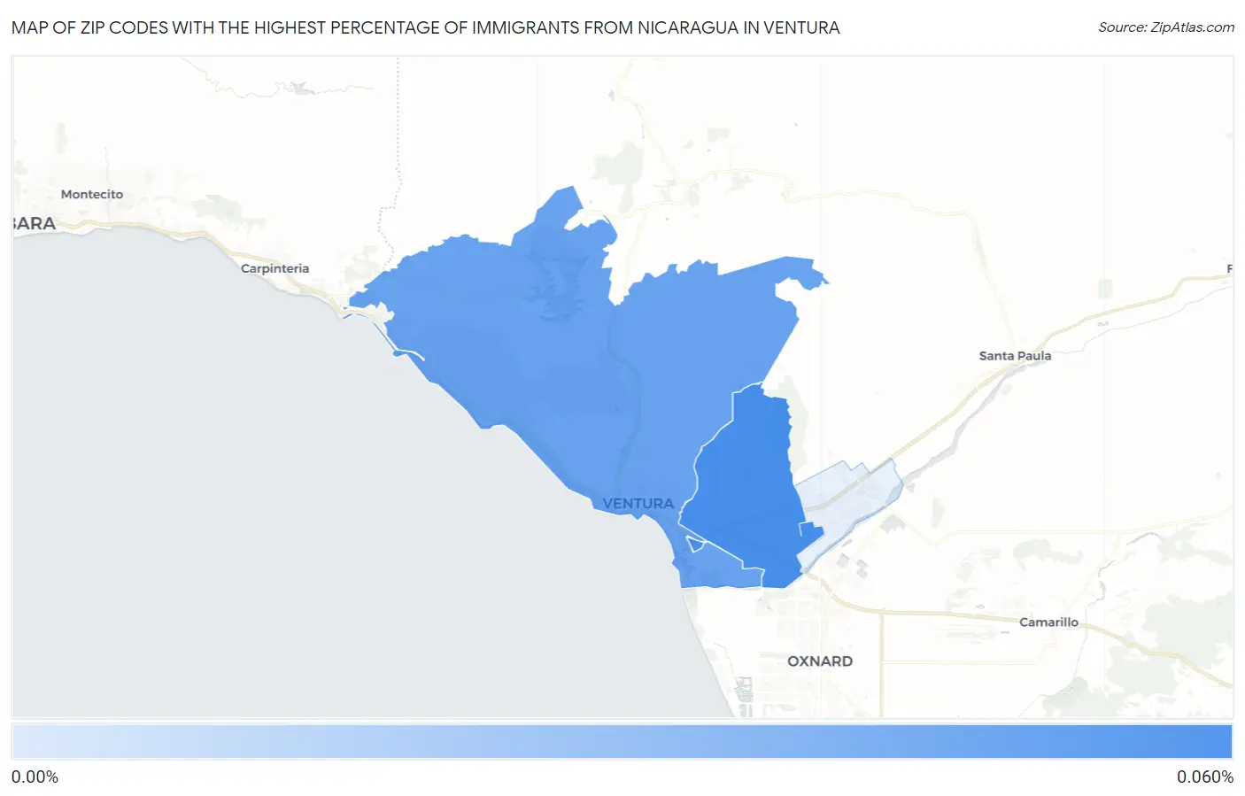 Zip Codes with the Highest Percentage of Immigrants from Nicaragua in Ventura Map