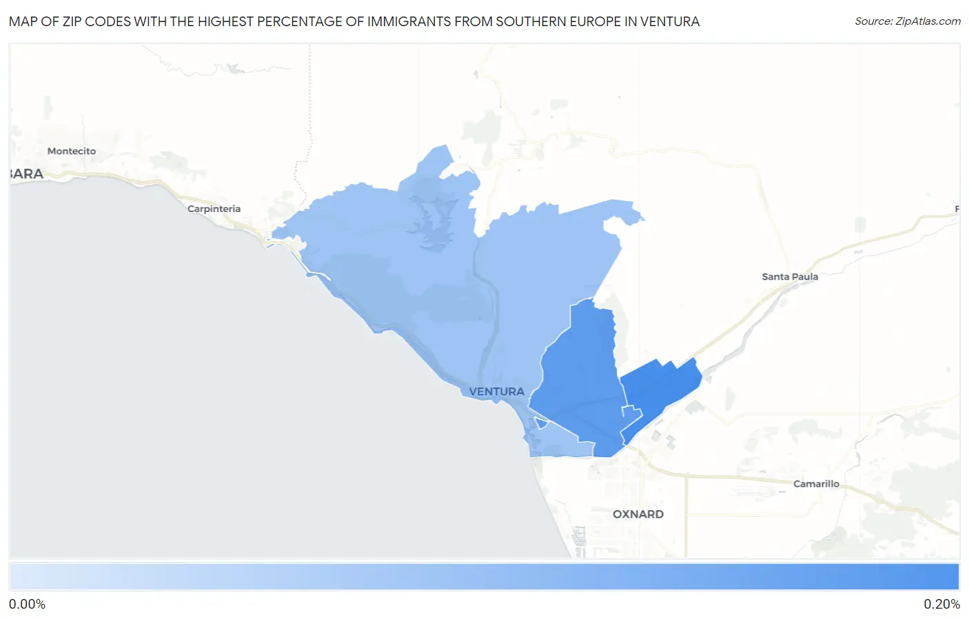 Zip Codes with the Highest Percentage of Immigrants from Southern Europe in Ventura Map