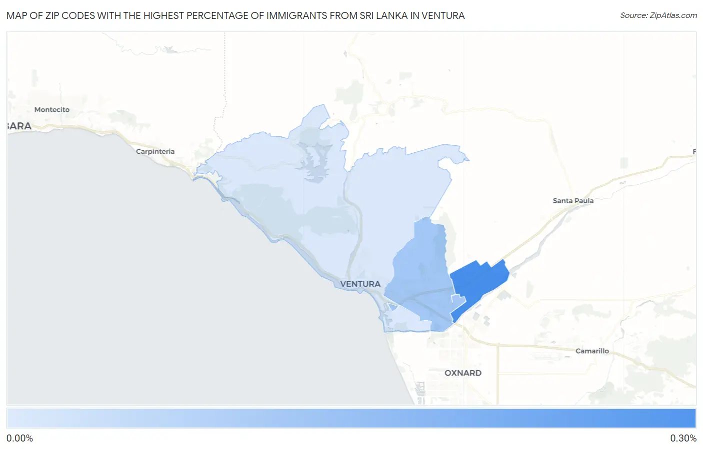 Zip Codes with the Highest Percentage of Immigrants from Sri Lanka in Ventura Map