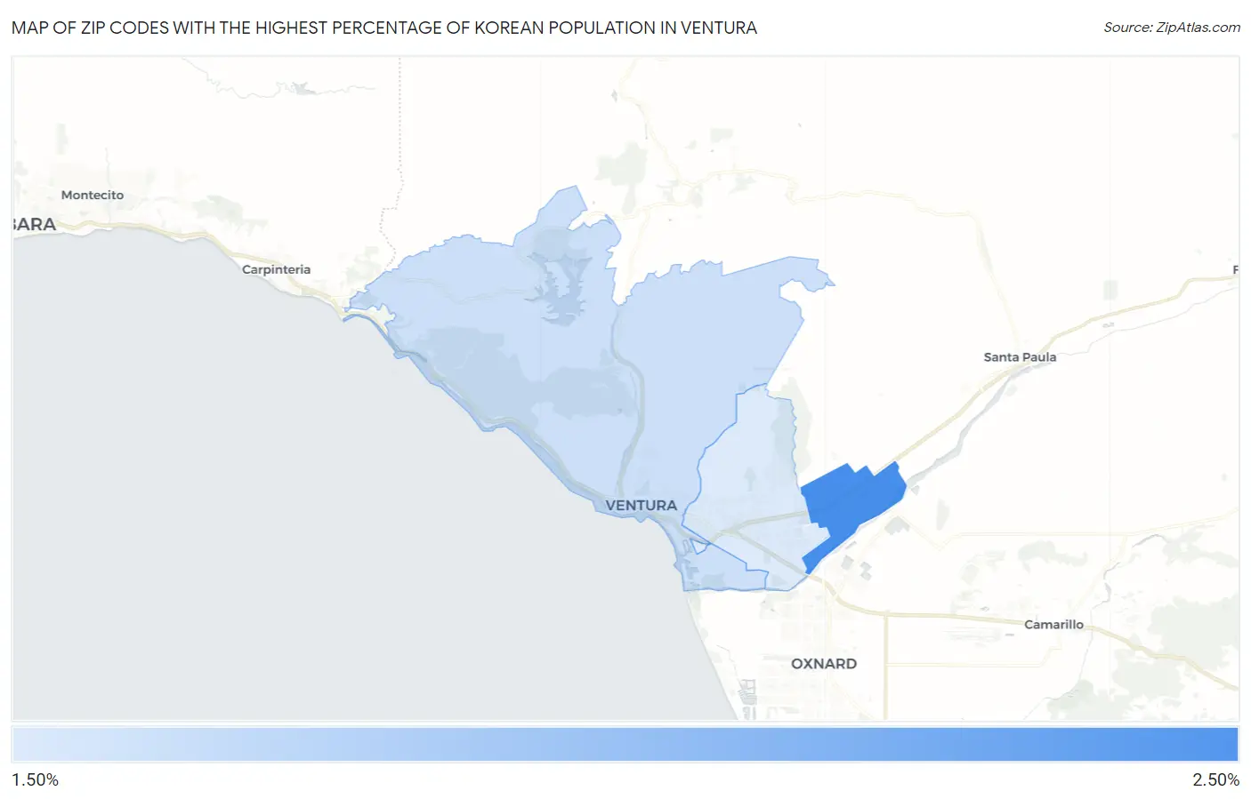 Zip Codes with the Highest Percentage of Korean Population in Ventura Map