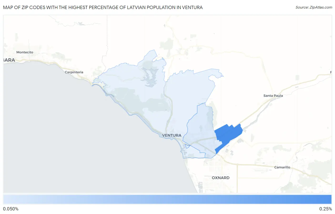Zip Codes with the Highest Percentage of Latvian Population in Ventura Map