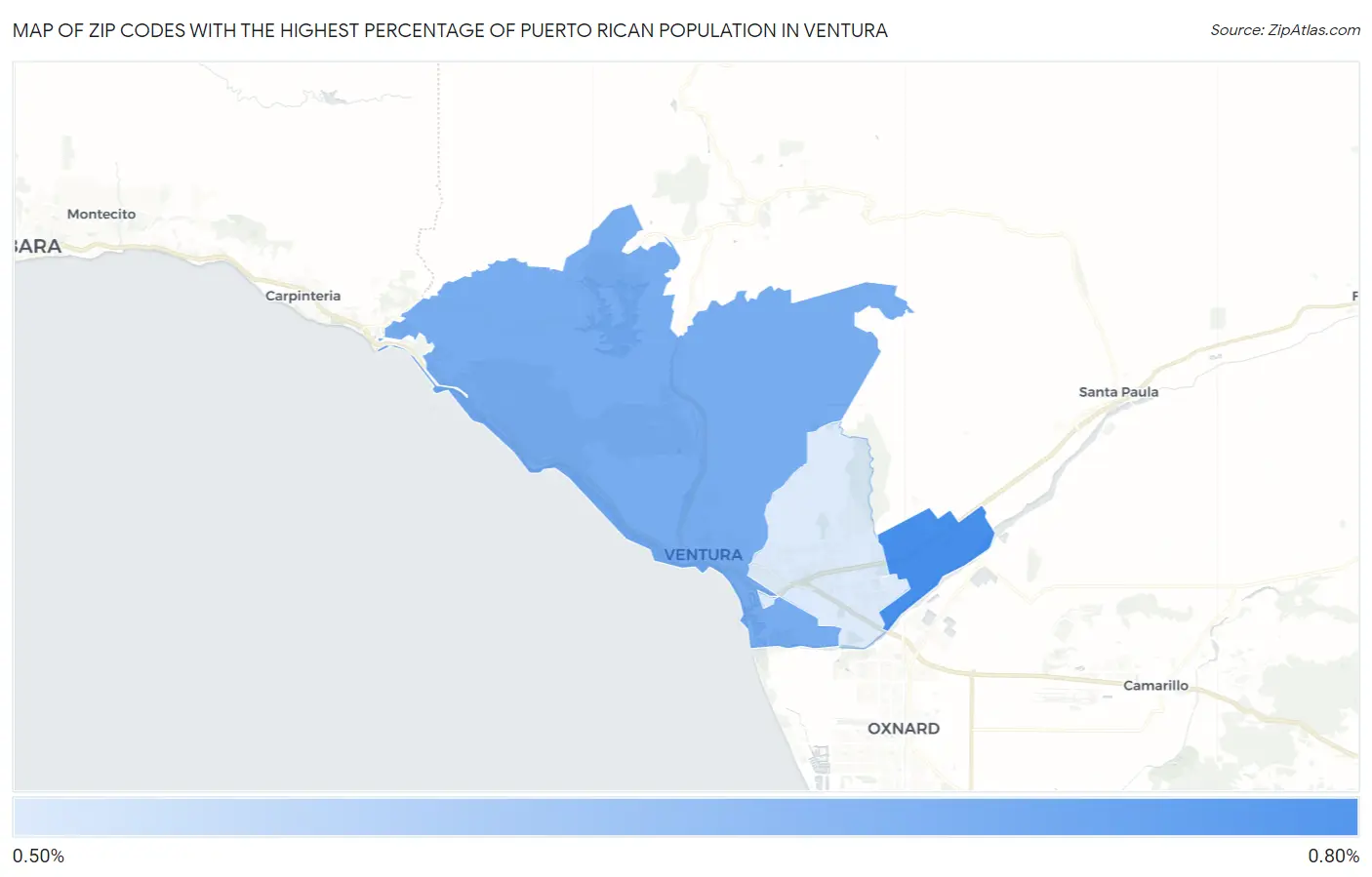 Zip Codes with the Highest Percentage of Puerto Rican Population in Ventura Map