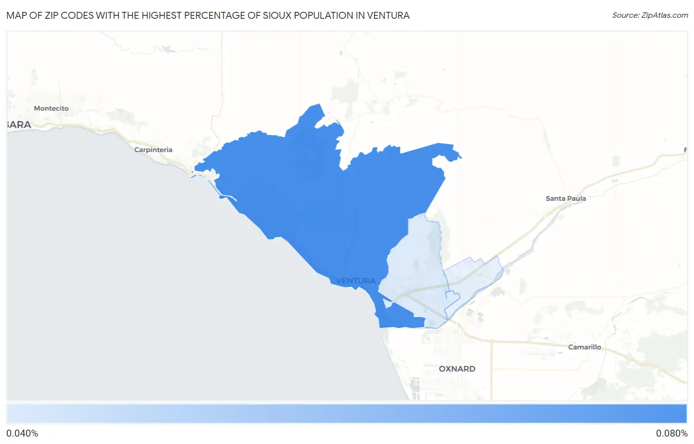 Zip Codes with the Highest Percentage of Sioux Population in Ventura Map