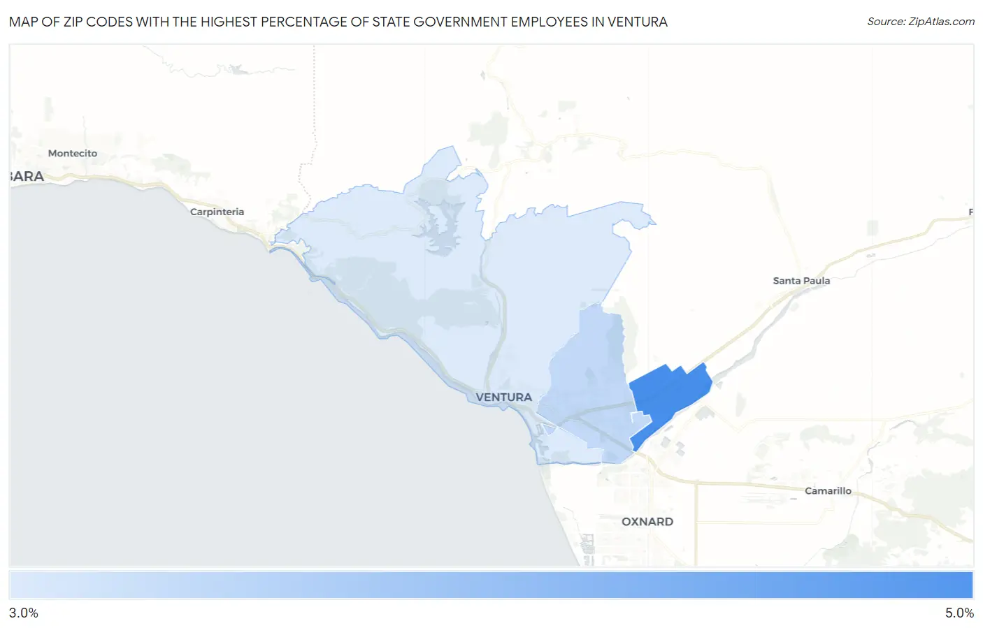 Zip Codes with the Highest Percentage of State Government Employees in Ventura Map
