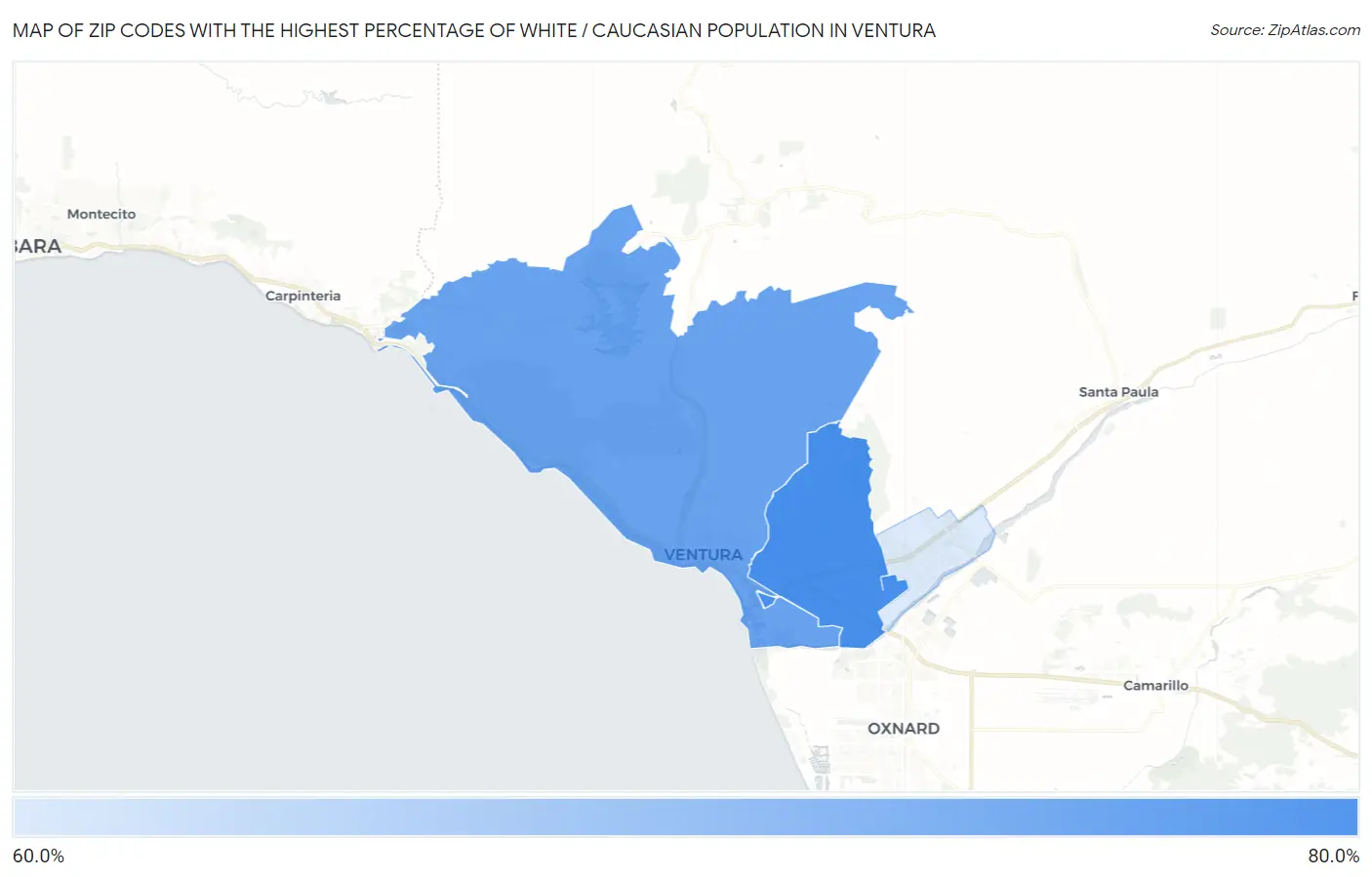 Zip Codes with the Highest Percentage of White / Caucasian Population in Ventura Map