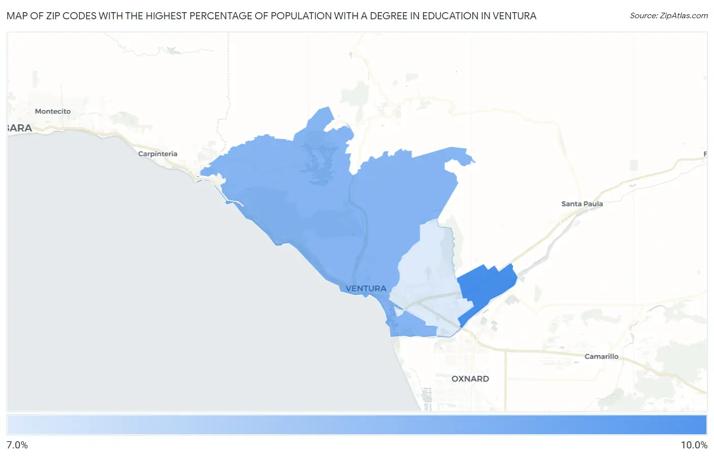Zip Codes with the Highest Percentage of Population with a Degree in Education in Ventura Map