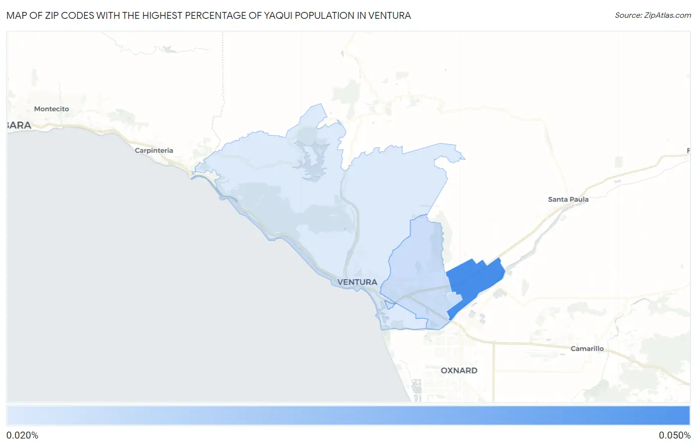 Zip Codes with the Highest Percentage of Yaqui Population in Ventura Map