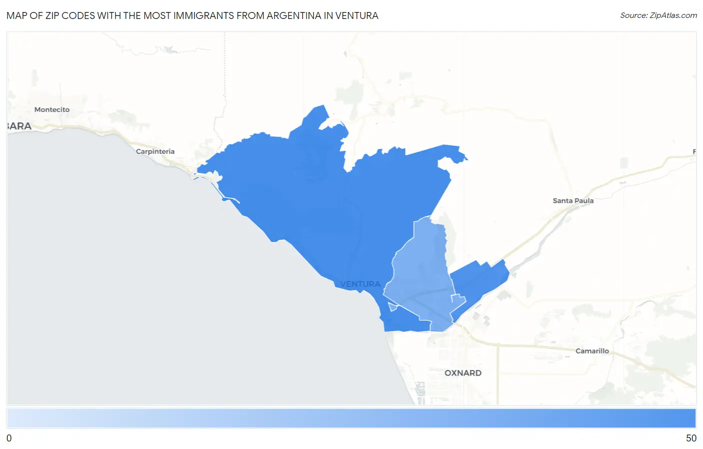 Zip Codes with the Most Immigrants from Argentina in Ventura Map