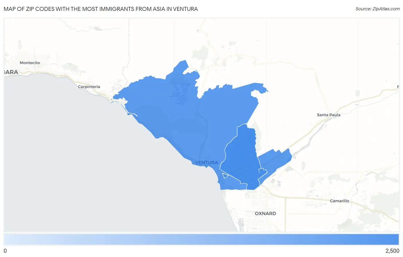Zip Codes with the Most Immigrants from Asia in Ventura Map