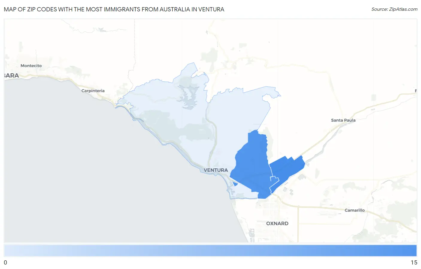 Zip Codes with the Most Immigrants from Australia in Ventura Map