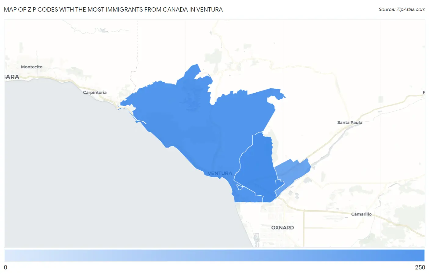 Zip Codes with the Most Immigrants from Canada in Ventura Map