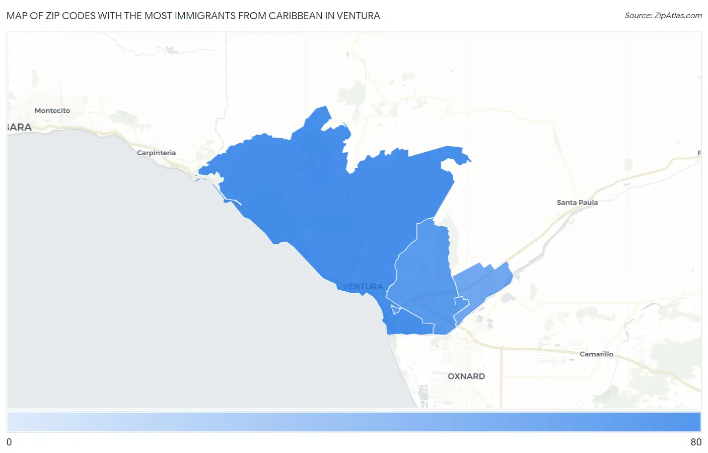 Zip Codes with the Most Immigrants from Caribbean in Ventura Map