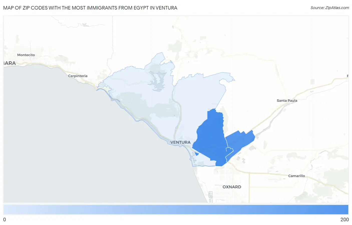Zip Codes with the Most Immigrants from Egypt in Ventura Map