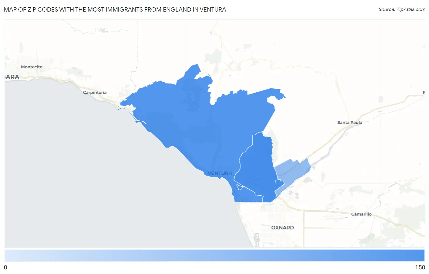 Zip Codes with the Most Immigrants from England in Ventura Map