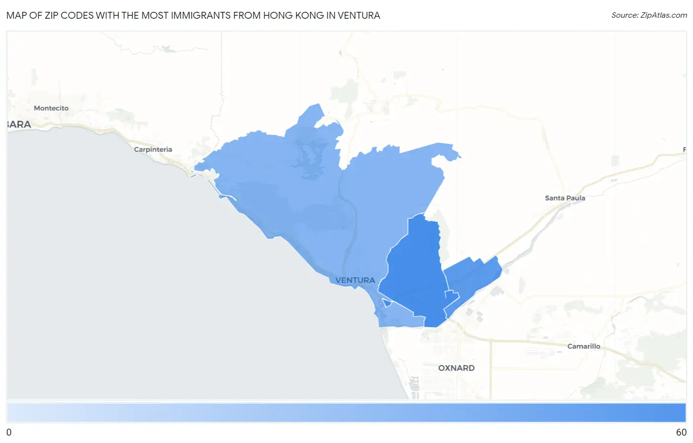 Zip Codes with the Most Immigrants from Hong Kong in Ventura Map