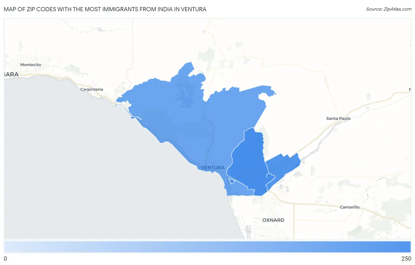 Zip Codes with the Most Immigrants from India in Ventura Map