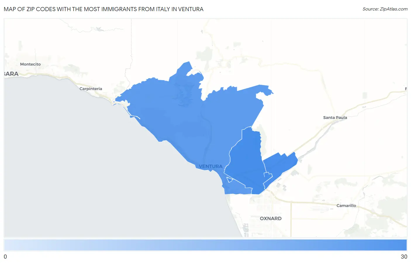 Zip Codes with the Most Immigrants from Italy in Ventura Map