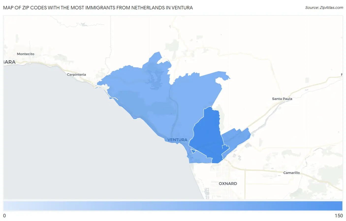 Zip Codes with the Most Immigrants from Netherlands in Ventura Map