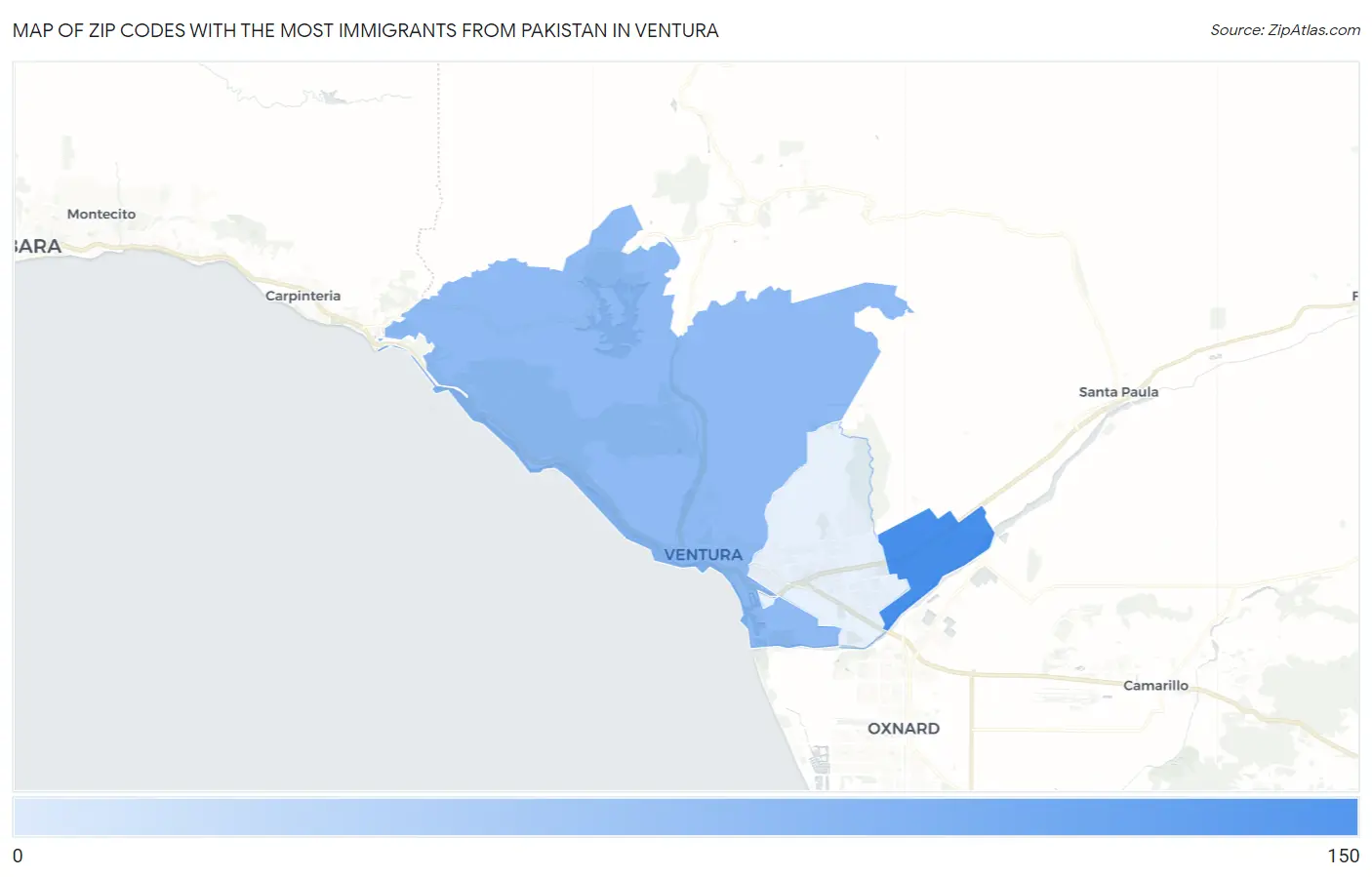 Zip Codes with the Most Immigrants from Pakistan in Ventura Map