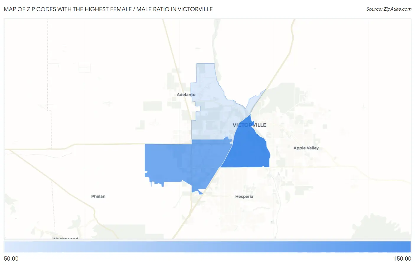 Zip Codes with the Highest Female / Male Ratio in Victorville Map