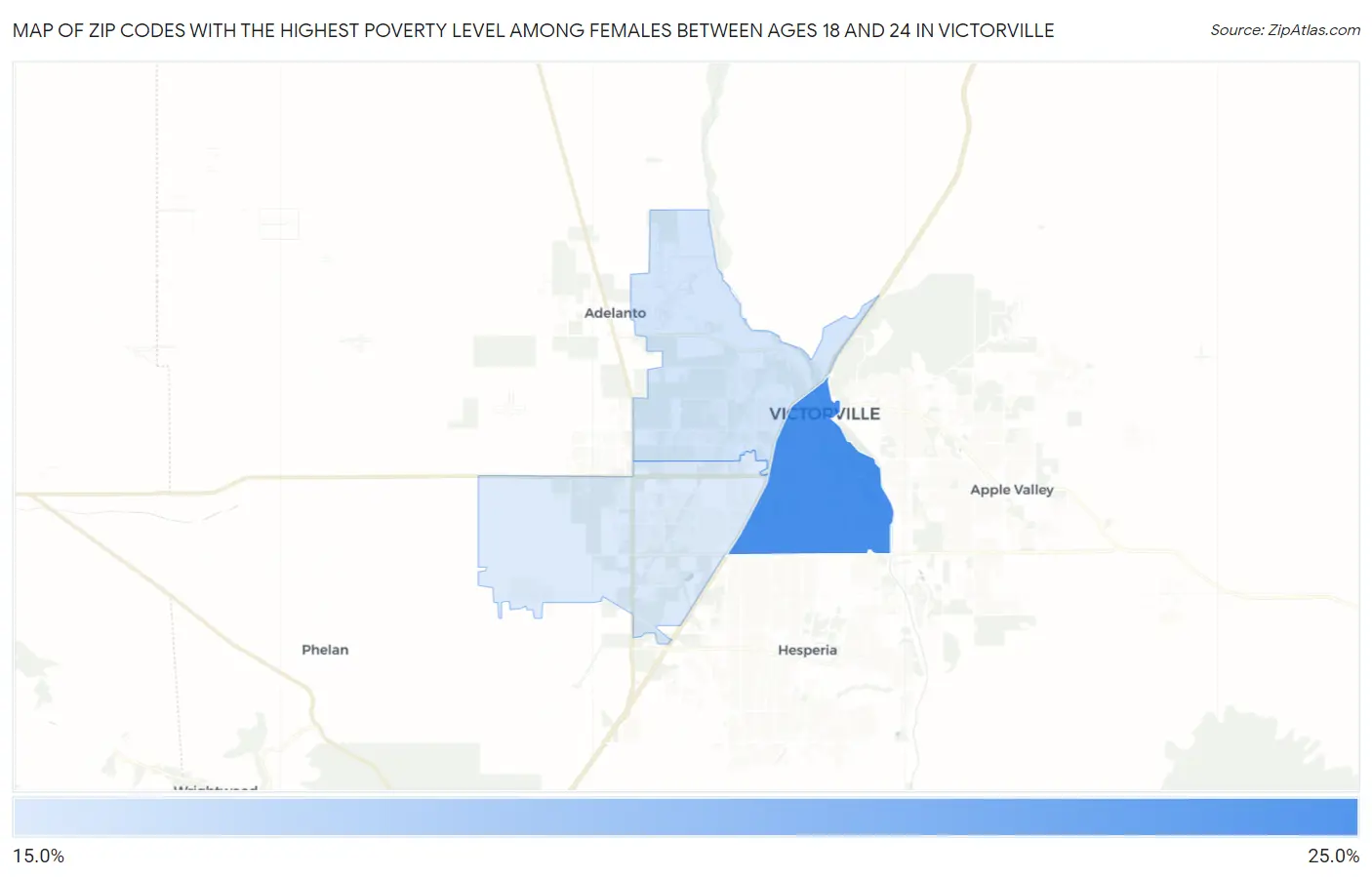 Zip Codes with the Highest Poverty Level Among Females Between Ages 18 and 24 in Victorville Map