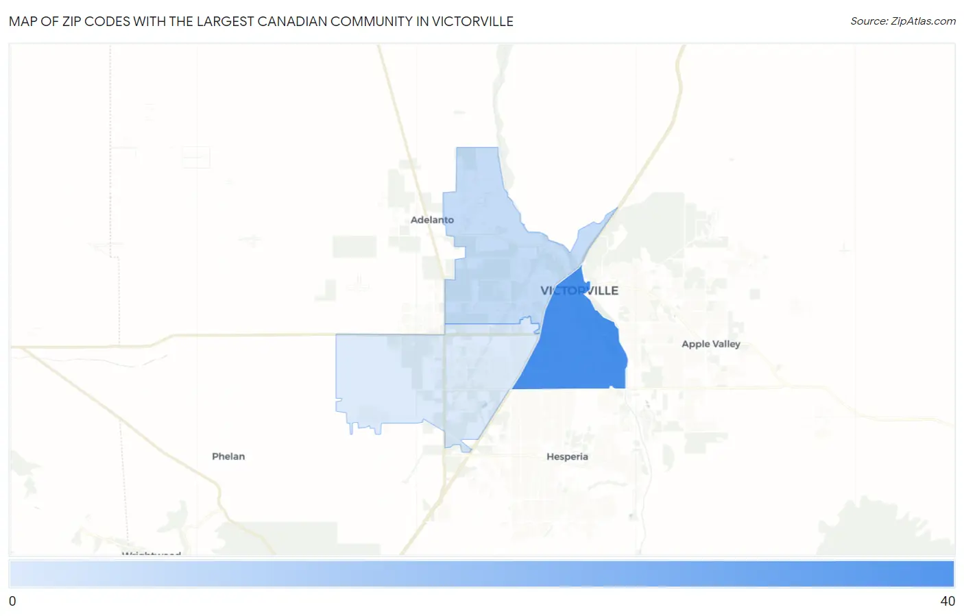 Zip Codes with the Largest Canadian Community in Victorville Map