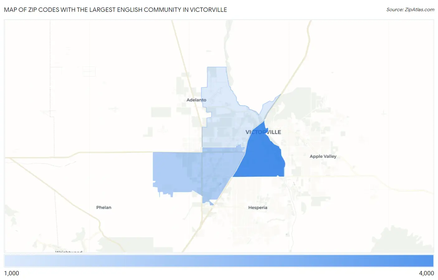 Zip Codes with the Largest English Community in Victorville Map