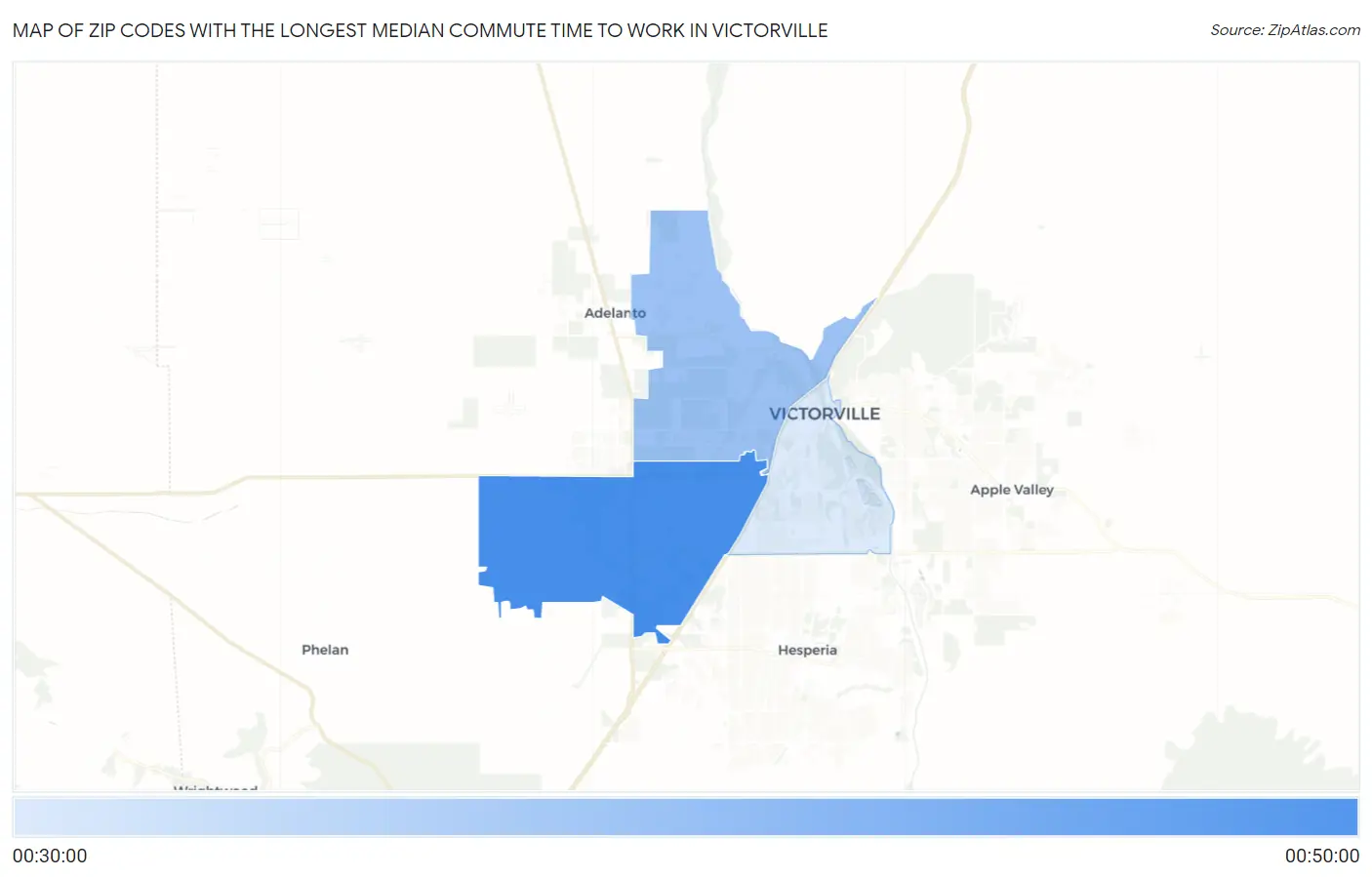 Zip Codes with the Longest Median Commute Time to Work in Victorville Map