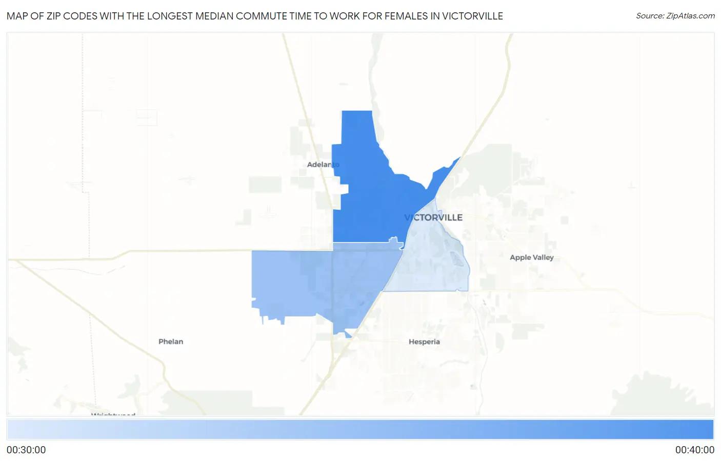 Zip Codes with the Longest Median Commute Time to Work for Females in Victorville Map