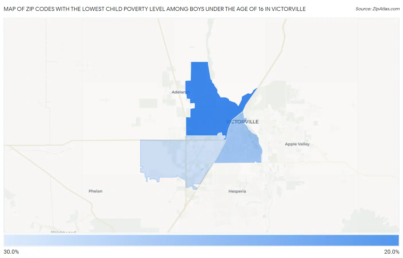 Zip Codes with the Lowest Child Poverty Level Among Boys Under the Age of 16 in Victorville Map